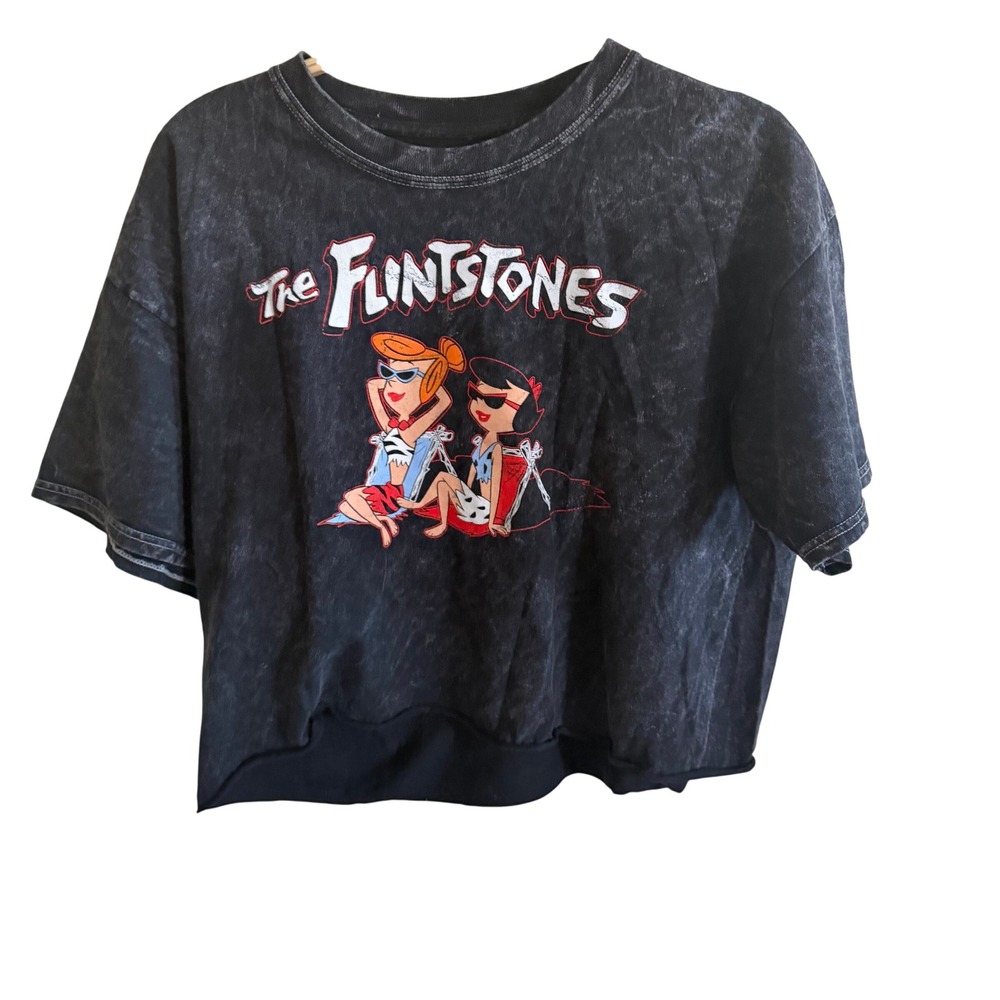 The Flintstones Wilma Betty Acid Wash Cropped Graphic Tee Black Mens L Large